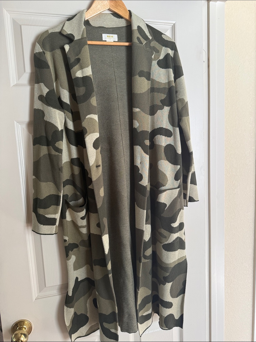 Maeve Green Camouflage Open-Front Long Cardigan